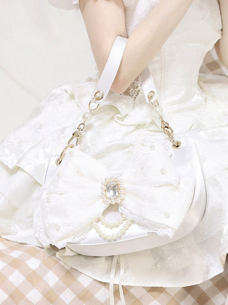 Sweet Lolita Satin Shoulder Bag with Sparkling Beaded Bow - Sheep Puff Bag