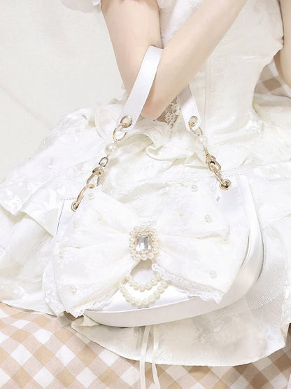 Sweet Lolita Satin Shoulder Bag with Sparkling Beaded Bow - Sheep Puff Bag