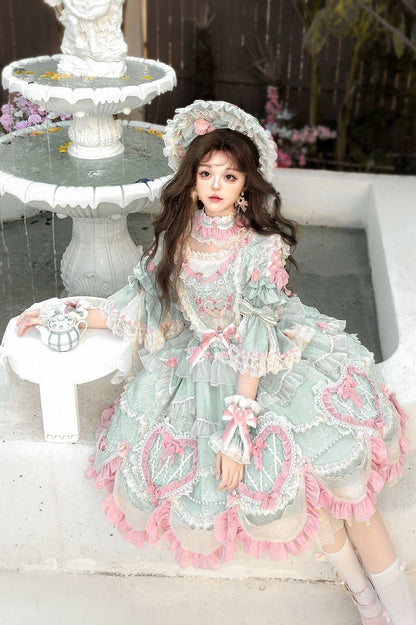 Wunderschönes Hanayome Lolita-Kleid mit Rosettenstickerei und Perlenkettendetails in Mintgrün