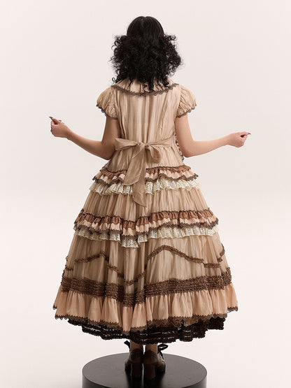 Cascading House Ruffle Front Style Placket Dress Pink Coffee Straps Lolita Self-tie