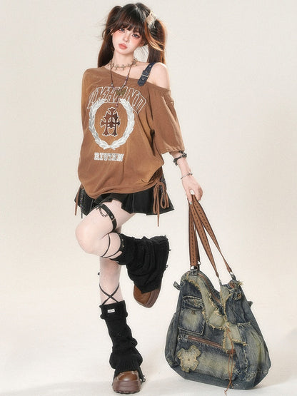 T-shirt Letter Asymmetrical Strap Print Neckline Glamorous Buckle Brown