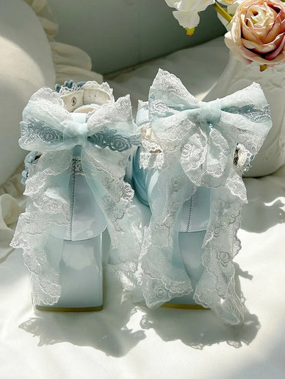 with Design Romantic Clasp in High Heels PU Openwork Lolita Sweet Floral Block Blue Heel