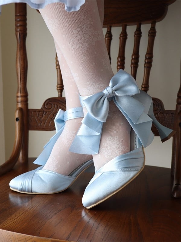 Heels Blue Toe Accent Satin Light Elegant Buckle Pointed Heart Lolita High Bow