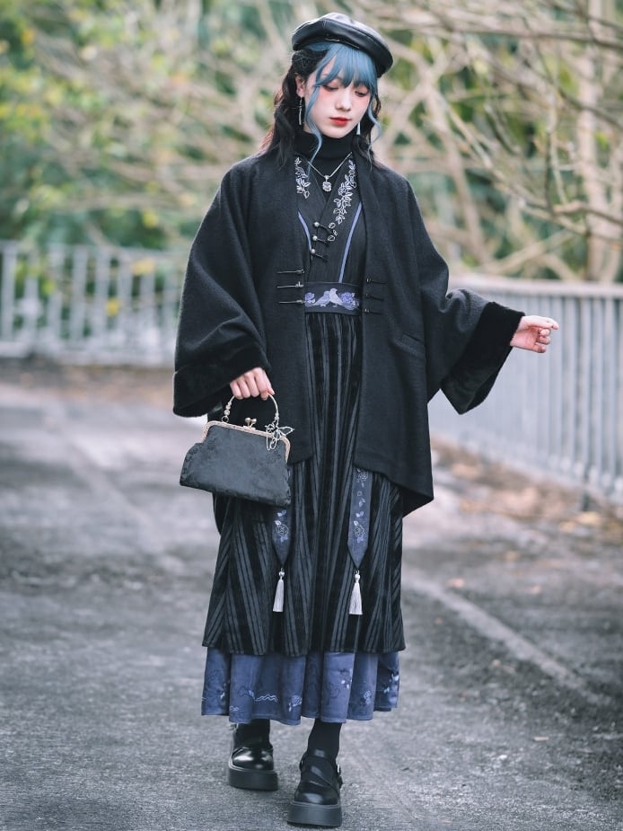 Frog - Cape Black Style Chinese V-Neck Button Closure