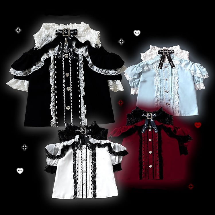 Jirai Kei Schwarz/Weiß/Rot/Hellblau mit offener Schulterpartie