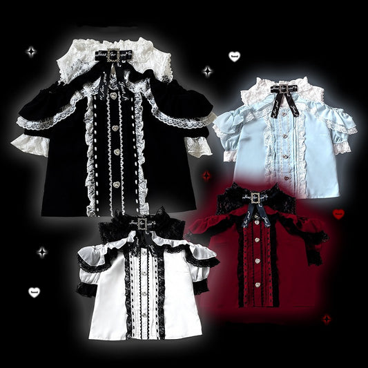 Jirai Kei Black/White/Red/Light Buttons Blue Open Shoulder Sweetheart Lace Trim Blouse