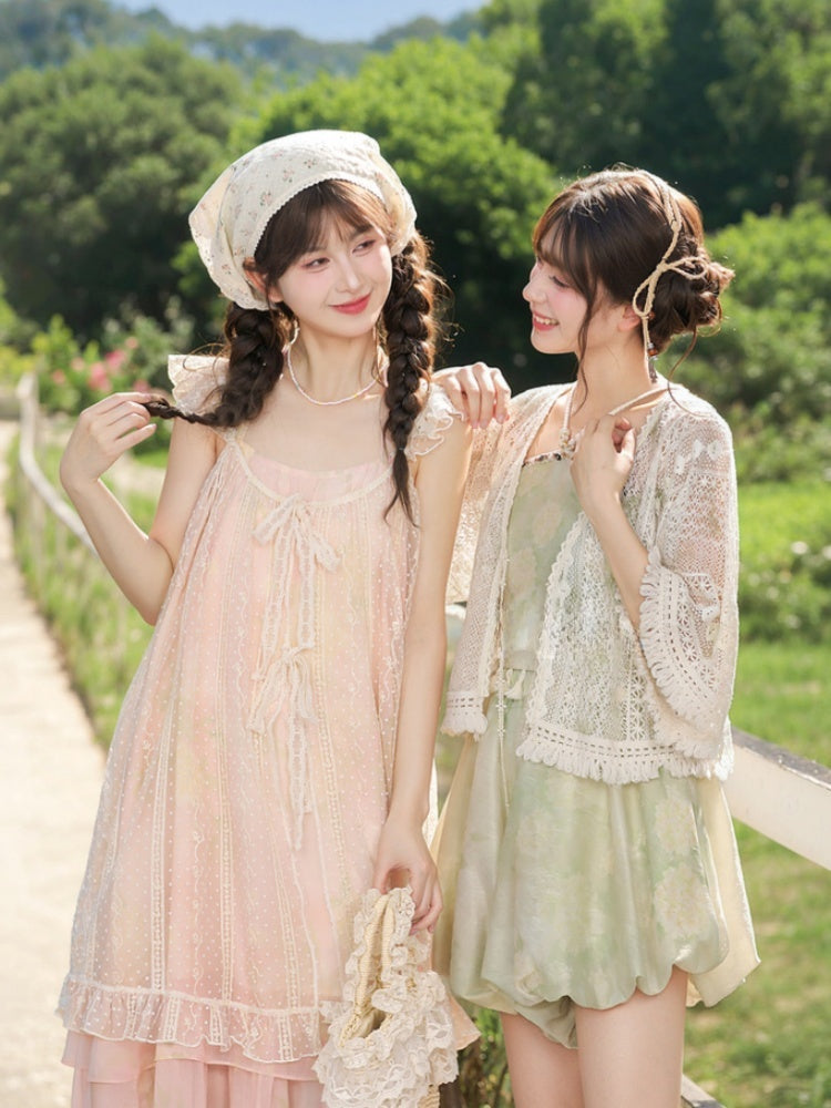 Slip Overdress Dress+Flutter Sleeves Neck Tiered Two-pieces Skirt Polka-dot Yume Kawaii Pink Set-	Halter