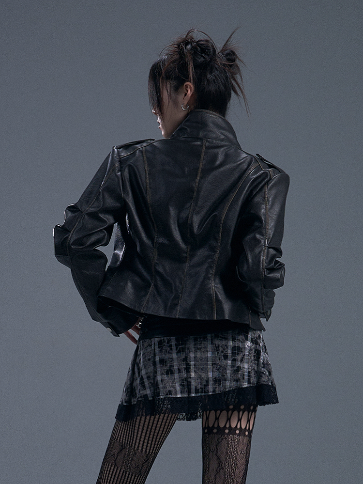 Black PU Vintage Punk Crop Jacket with Buckle Accents
