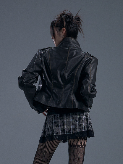Black PU Vintage Punk Crop Jacket with Buckle Accents