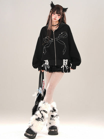 Black Rhinestone Bow Lace-up Detail Zip Hoodie