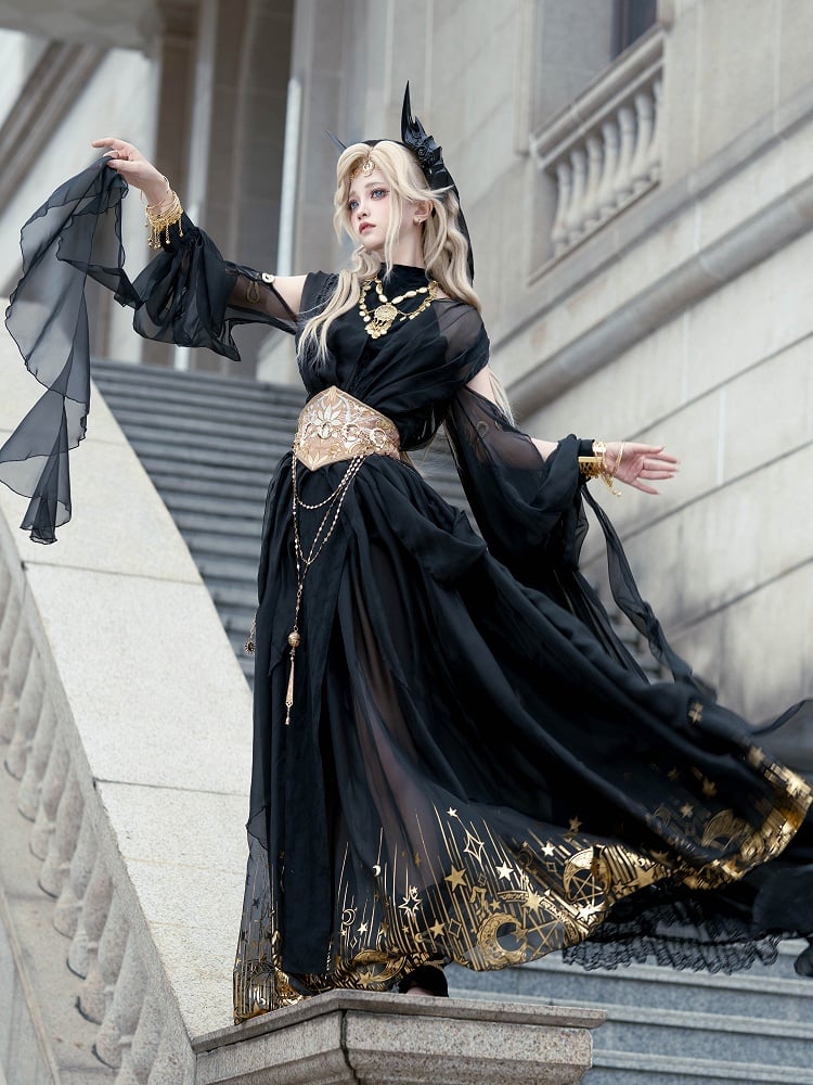 Sleeveless Vibes Moon Stars Full Neck Black Skirt + Print Top Golden Greek Halter and Set