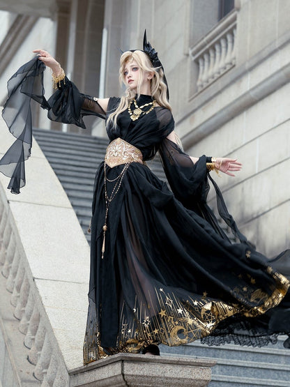 Sleeveless Vibes Moon Stars Full Neck Black Skirt + Print Top Golden Greek Halter and Set