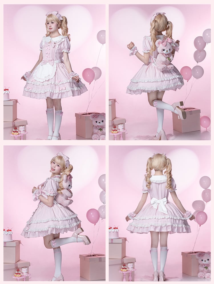 Lolita Dress Piece Accents School Pink Peter Pan Collar Bowknot Light Old One