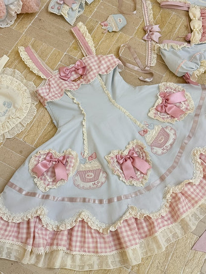 Pink Blue Heart and Embroidery Shape Cake JSK Applique Hem Lolita
