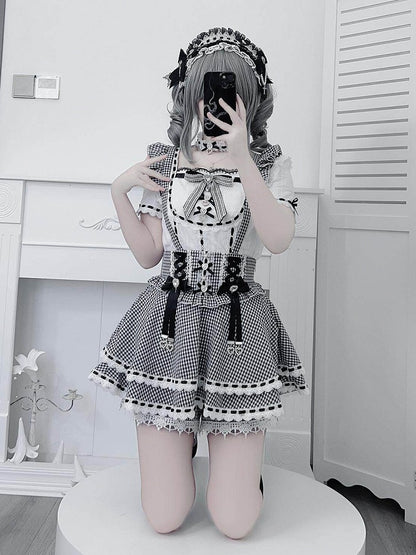 Black White Jirai Kei Square Neck Cotton Blouse with Bow Lace Details - Broken Bear