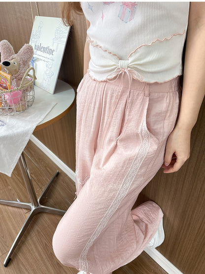 Sweet Regular/Short Pink High Version Waist Wide-Leg Pants Bowknot Embroidery