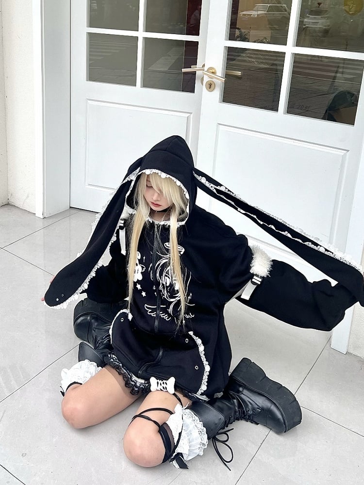 Black Girl Hoodie Bunny Anime Jirai Kei and with Design Print Ear