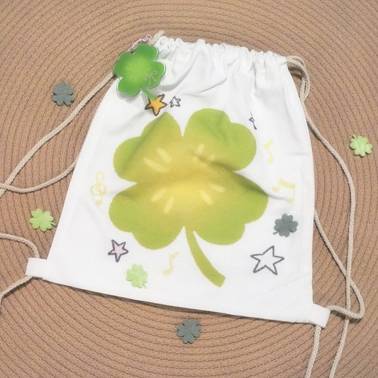 Lucky Four Canvas Backpack Top Clover and Bunny Print Drawstring Free Leaf Charm with White