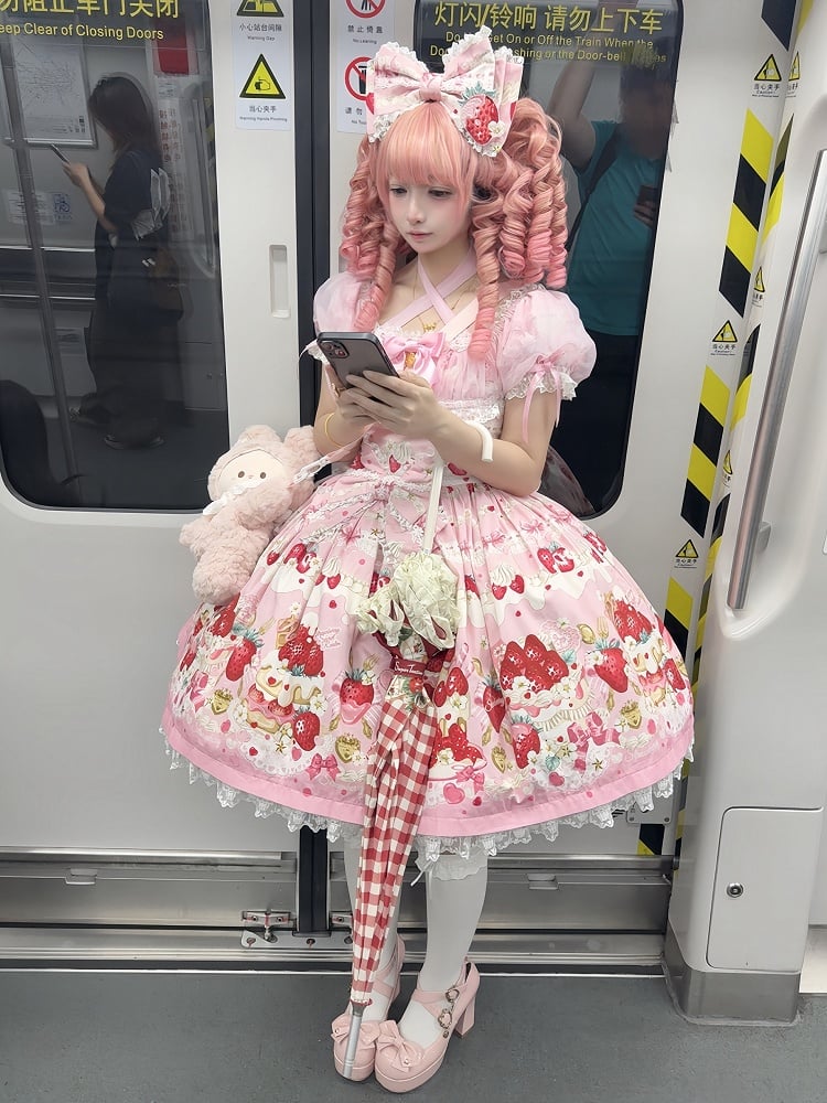 Rosa Printkleid Lolita Cake Kurze Ärmel Süße Erdbeere