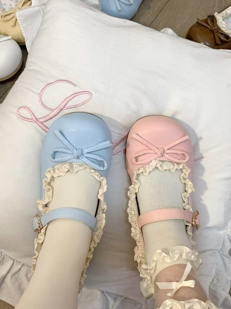 Jane Decorative Snap Sweet Blue Mary Heart-shaped Lolita Bow Shoes with Pink
