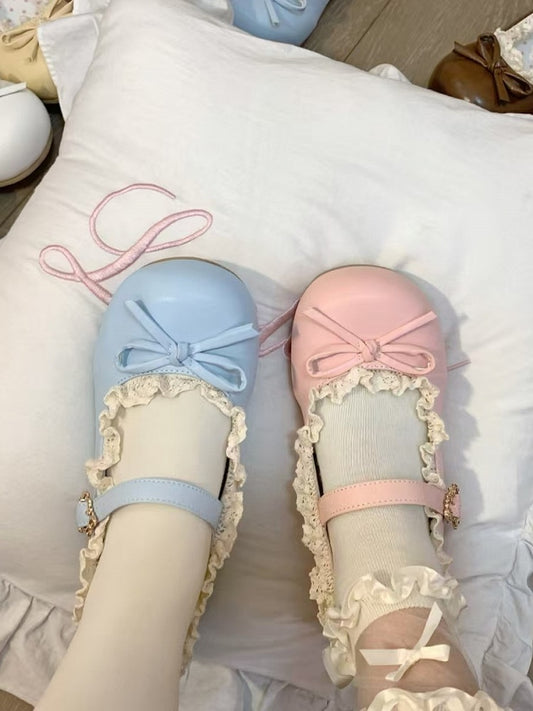 Jane Decorative Snap Sweet Blue Mary Heart-shaped Lolita Bow Shoes with Pink
