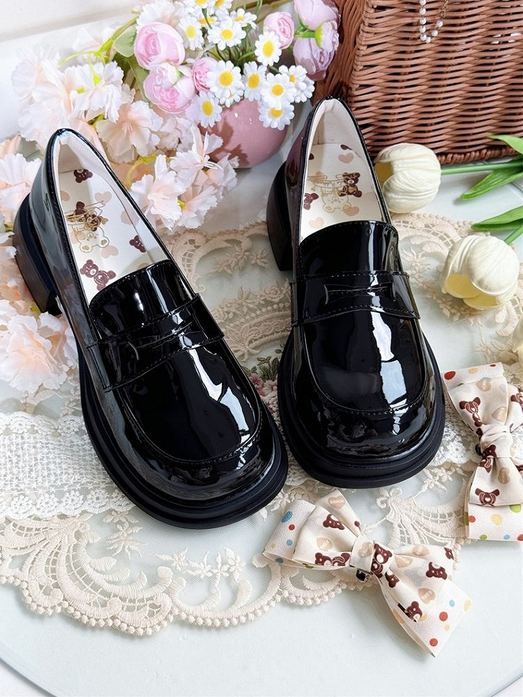 Fit Style Black JK Detachable in Loafers Mid-heel Design Print Academic Bear Bow Slip-in