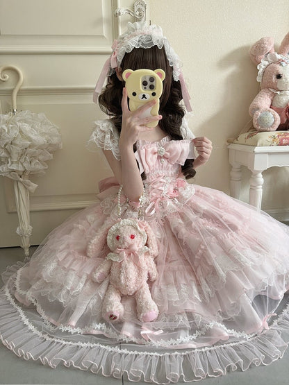 Sweet Multi-Layer Lace Overlay / Full + Lolita Dress Rhinestone Set Pink JSK Hanayome-Style Details with Bows
