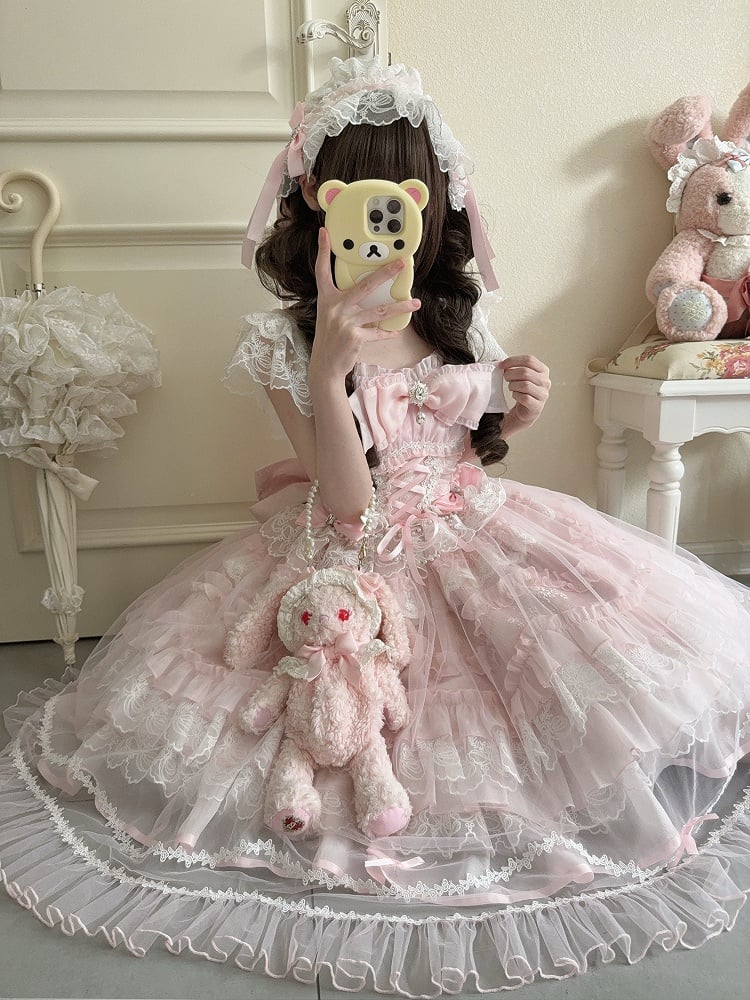 Lolita Multi-Layer Sweet Lace with Pink Details JSK Bows Rhinestone Dress Hanayome-Style