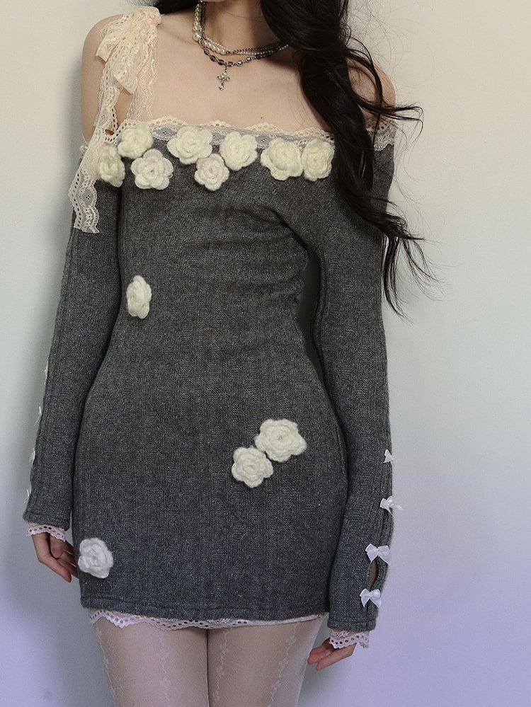 Graues, asymmetrisches Minikleid mit Häkelblumen und Spitzenbesatz