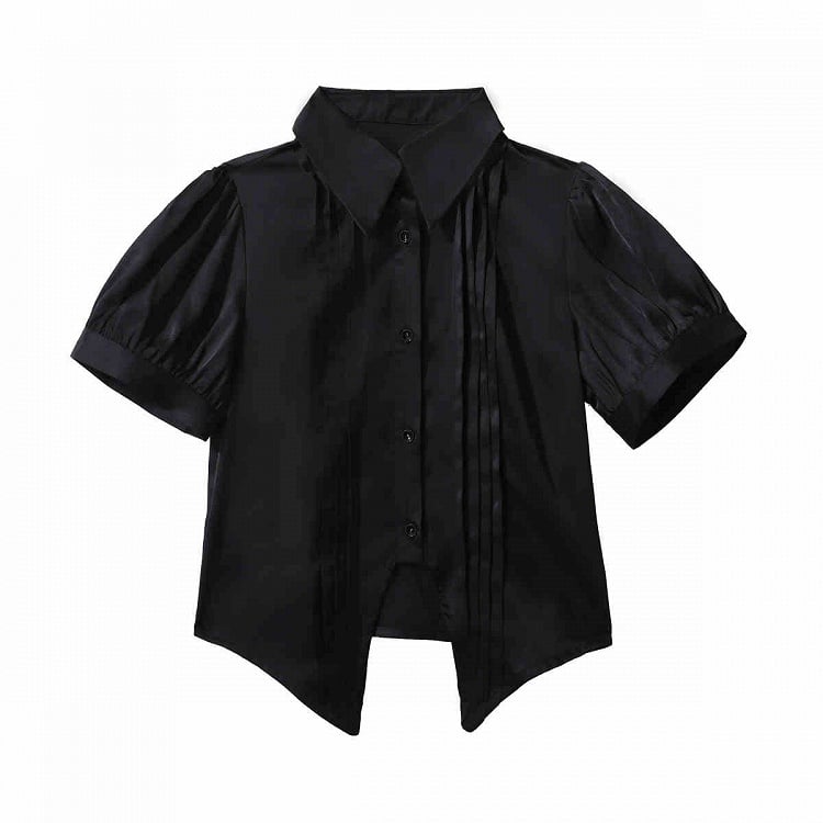 折り返しショートシャツ、ポイントブラックプリーツカラー、ボディススリーブ