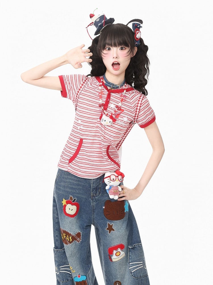 Red Striped Short Sleeve Hoodie with Kitty Ear Detail - Languid Park