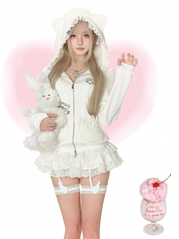 Daily Lace Leg Trim Skirt Kawaii Tiered Garters White with Wings Decor