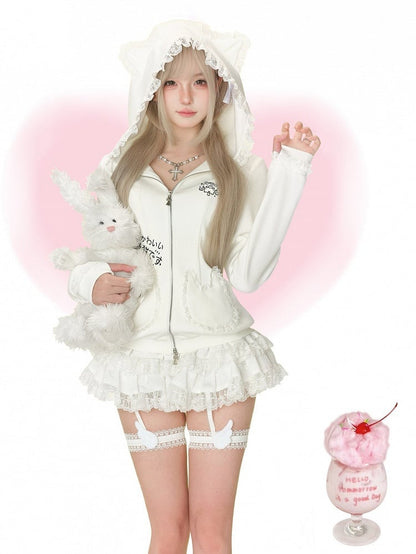 Otaku Cross Zipper Moe Hooded Jacket White -