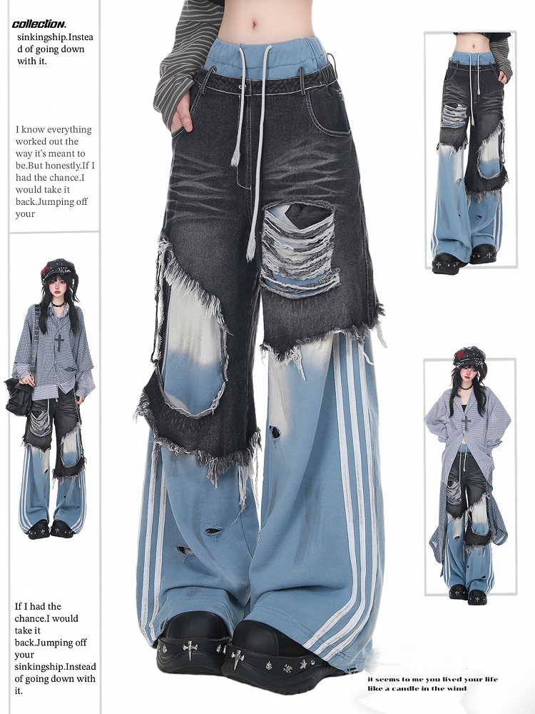 with Pants Jeans Two-Piece Waist Faux Drawstring Blue Patched Distressed