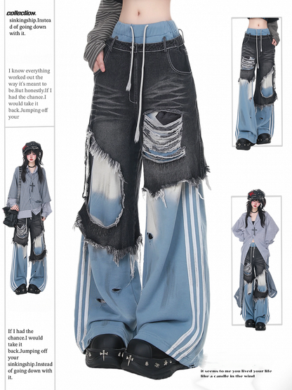 with Pants Jeans Two-Piece Waist Faux Drawstring Blue Patched Distressed