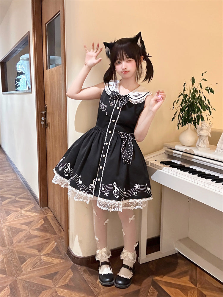 Design Ärmelloses Melodic Kitty Schwarzes Matrosenkragen-Keyboardkleid Zurück