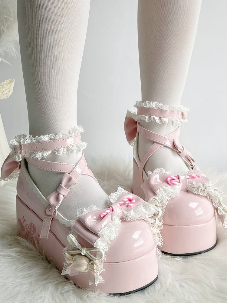 Sweet with Theme Mary Bow PU Lolita Trim Lace Candy Janes Platform Accents Pink -