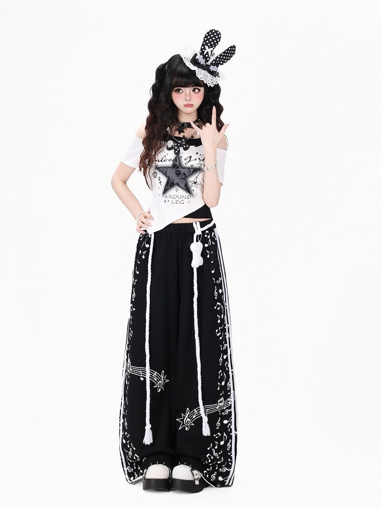 Black Music Note Printed Straight Leg Pants with Waist Cord - Kawaii Daily - CRAZY GIRL
