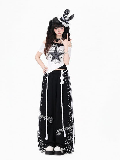 Black Music Note Printed Straight Leg Pants with Waist Cord - Kawaii Daily - CRAZY GIRL