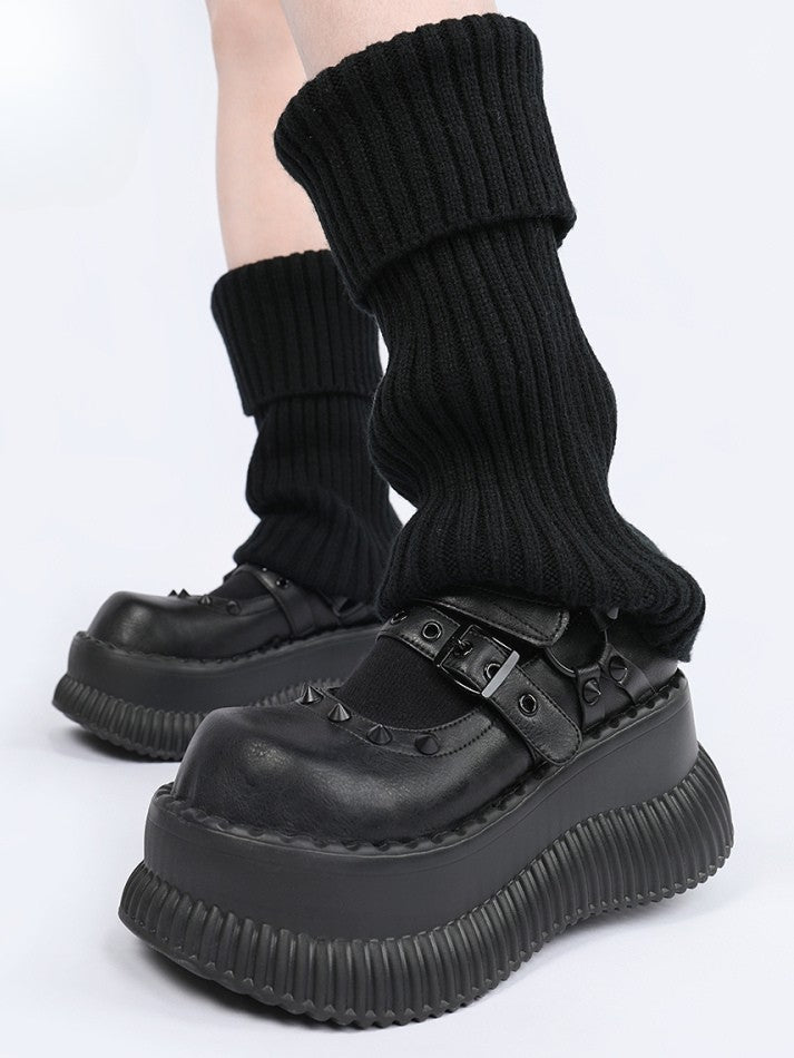 Style Straps Jane Shoes Punk Details and Studs Mary in Black Velcro with Platform Buckle