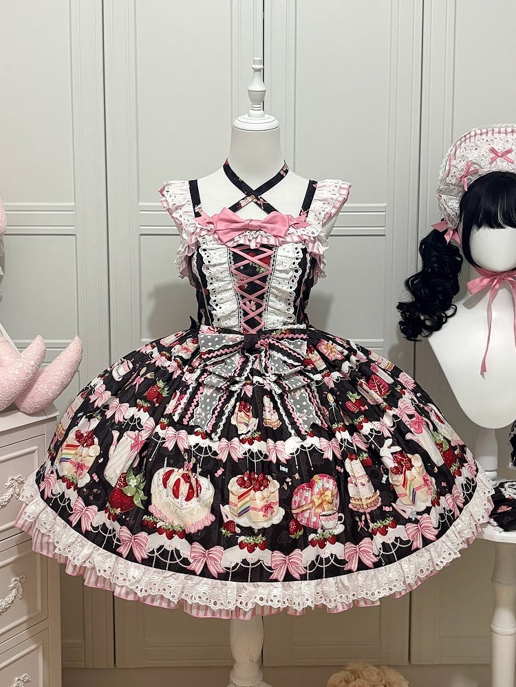 Print Rock Schwarze Schleifen Erdbeerpullover Dessert Sweet Lolita und