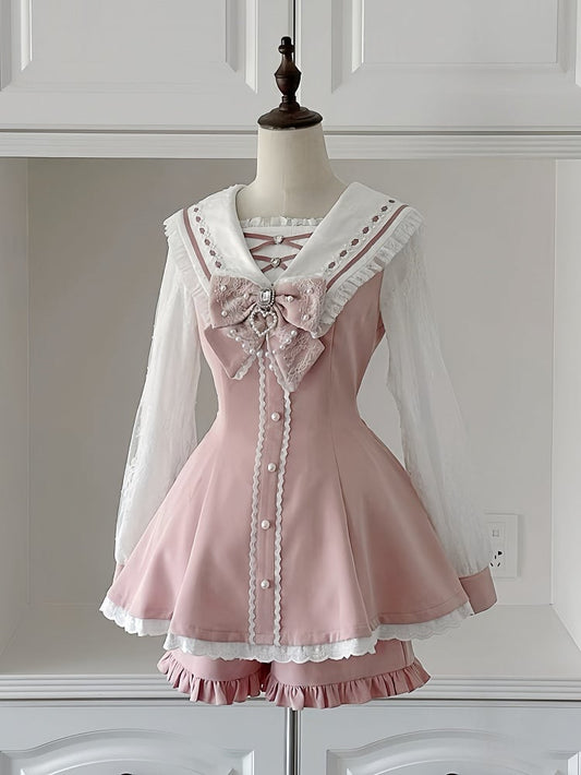Sailor Pink Long Dress and Shorts Matching - Navycore Collar Kei Jirai Outfit Sleeves