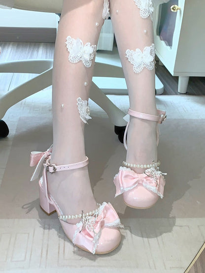 at Block Shoes Pink Top Lolita Bow Heels Decorated Jane Butteffly Silver Sweet 6CM Mary