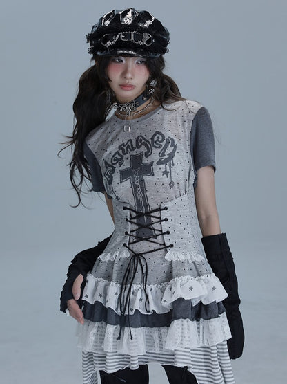Punk Cross with Layered T-Shirt Print Ruffle Gray Dot Skirt Dress Polka