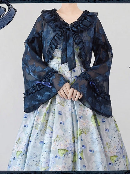 Navy Blue Balloon Sleeve Adjustable Cuff Jacket with Ruffle & Bow
