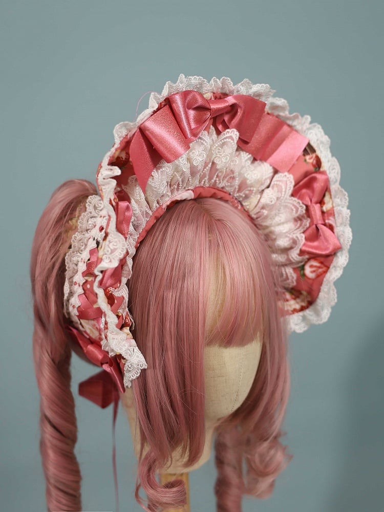 Schwarze süße Haube Lolita / Rote Erdbeere mit Print Pink