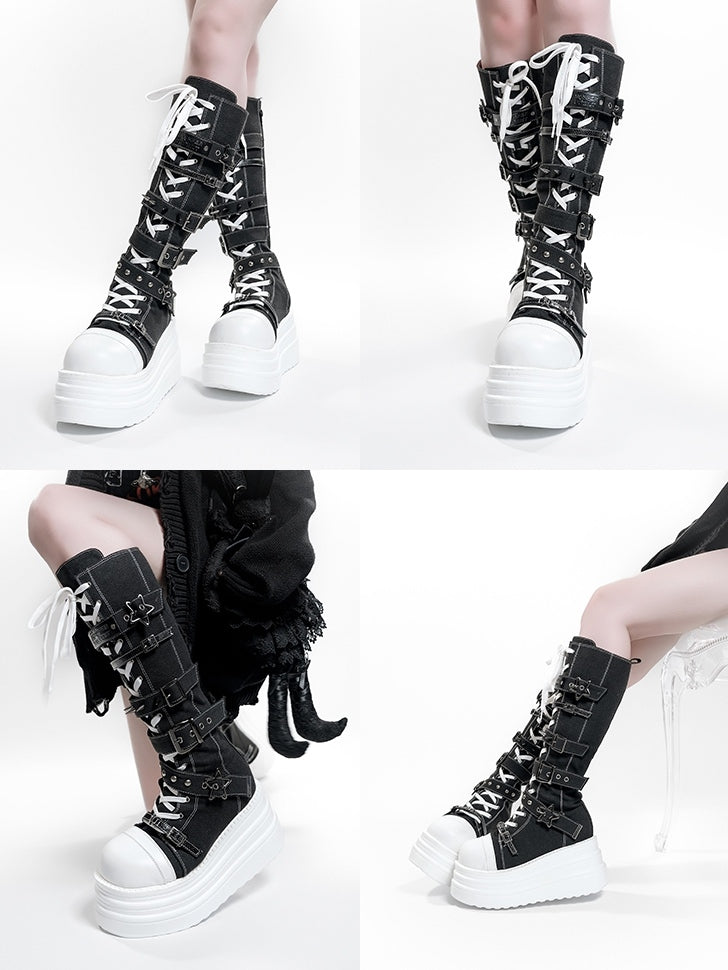Y2K Canvas Punk Buckle - Black Platform Knee-Highs