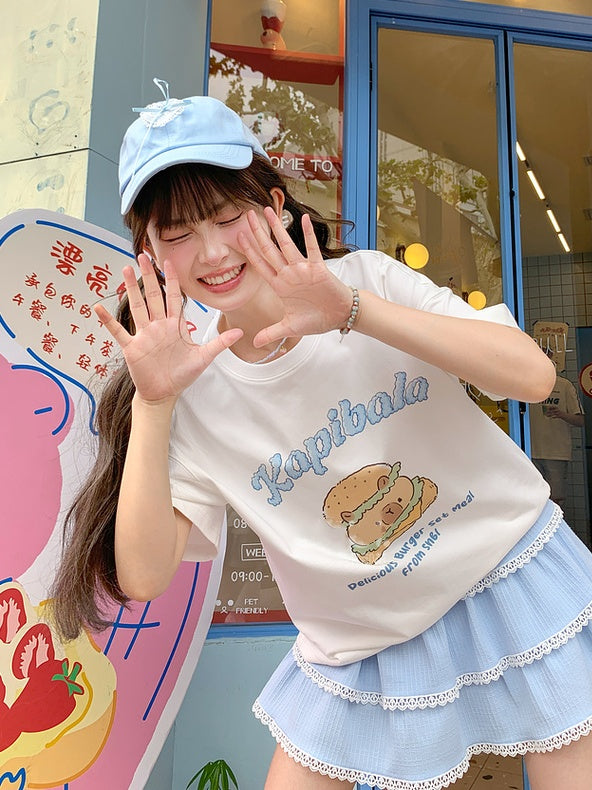 Neck White Round Long Capybara Burger Print T-Shirt Version