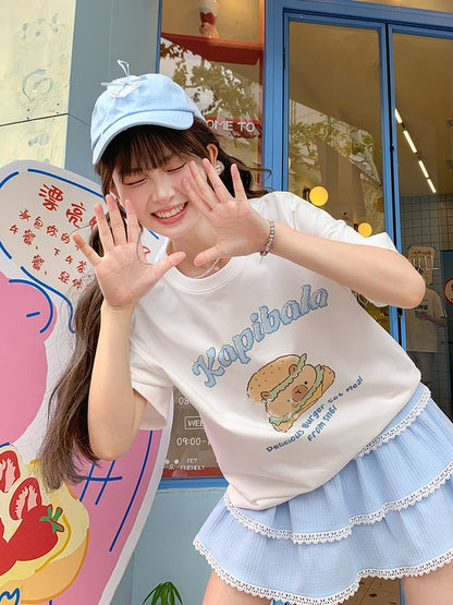 Neck White Round Long Capybara Burger Print T-Shirt Version