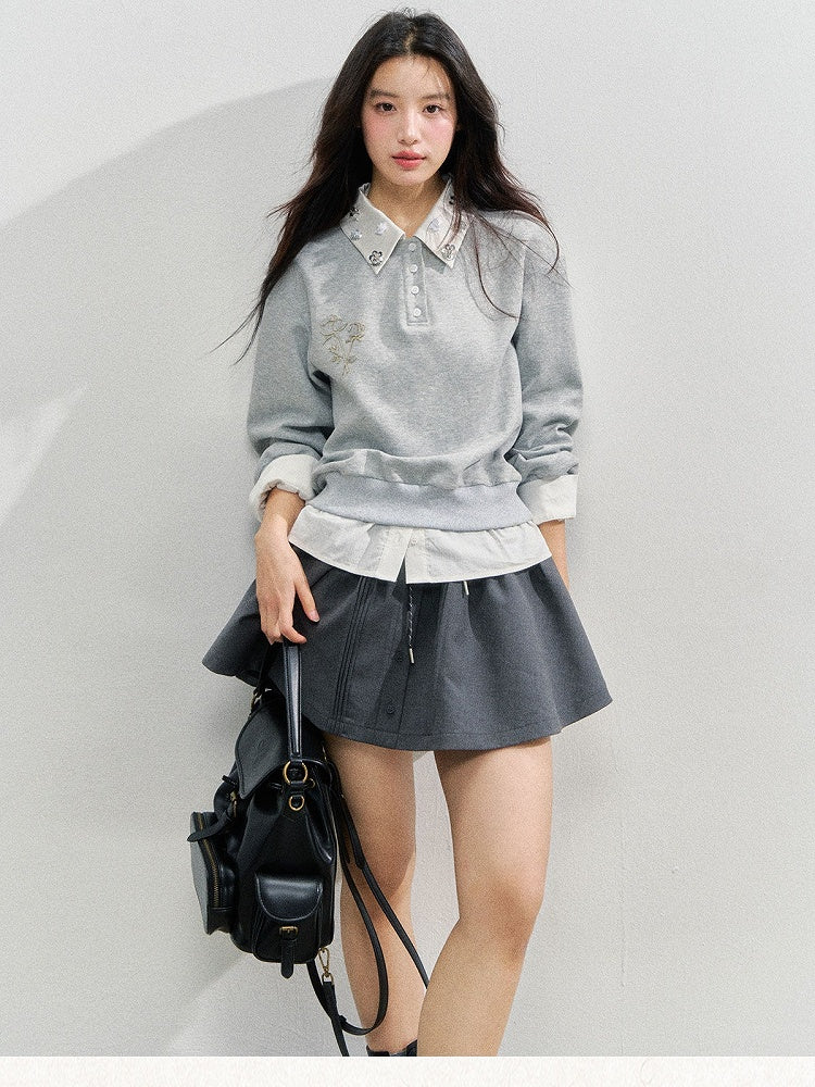 Shirt Embroidery Accents and Gray Faux Rose Rhinestone Two-piece with